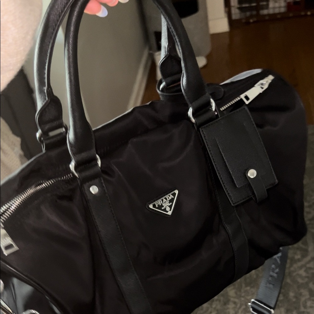 New Prada black small nylon duffle w/ Prada logo strap